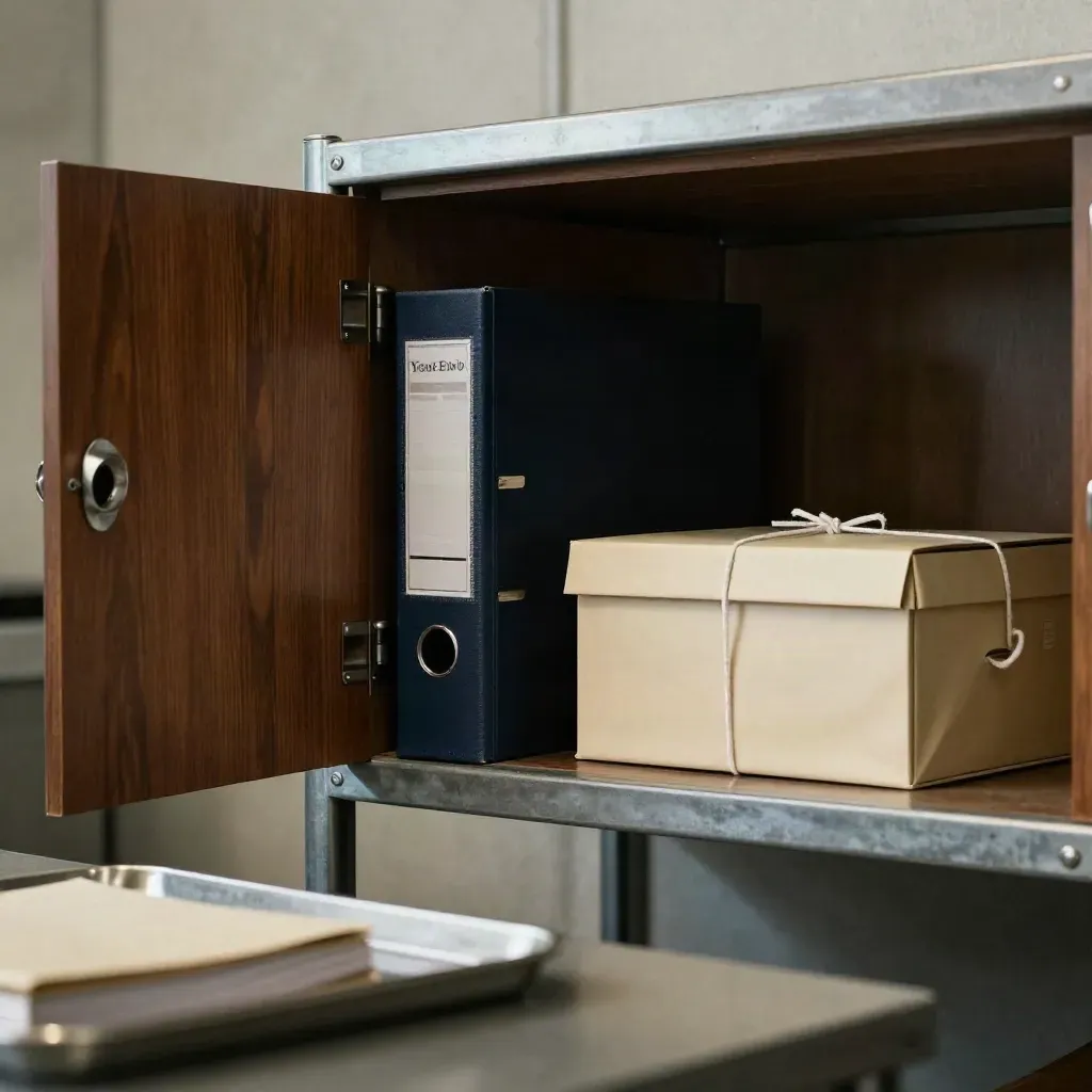 Corporate records cabinet with year-end binder, archive box and sealed courier pouch in soft light.