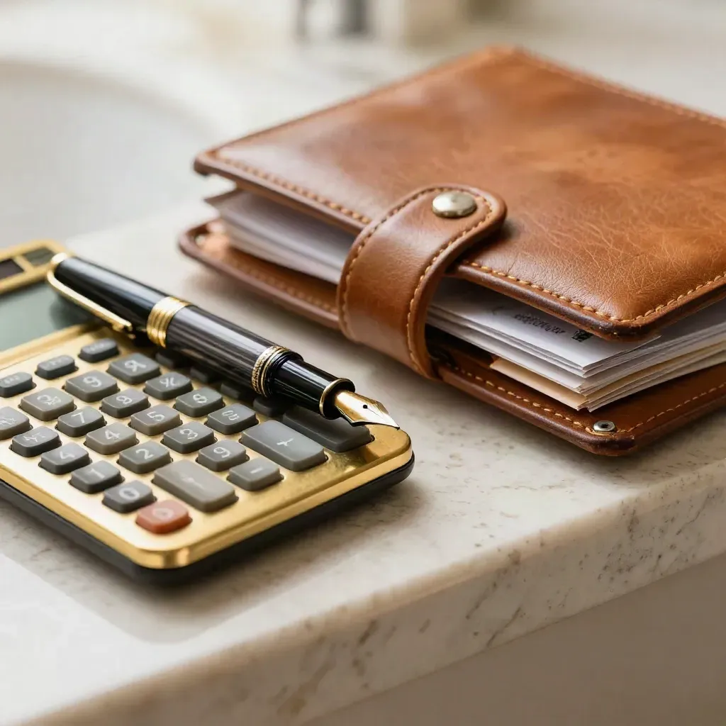 Brass calculator, fountain pen and leather folio on travertine in a tax office still life.