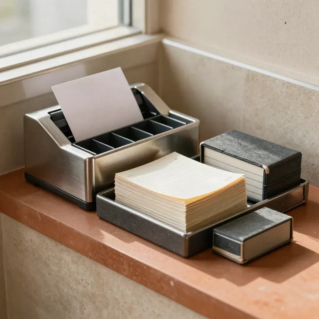 Macro still life of bookkeeping trays, receipt sorter, and ledger box on terracotta stone.