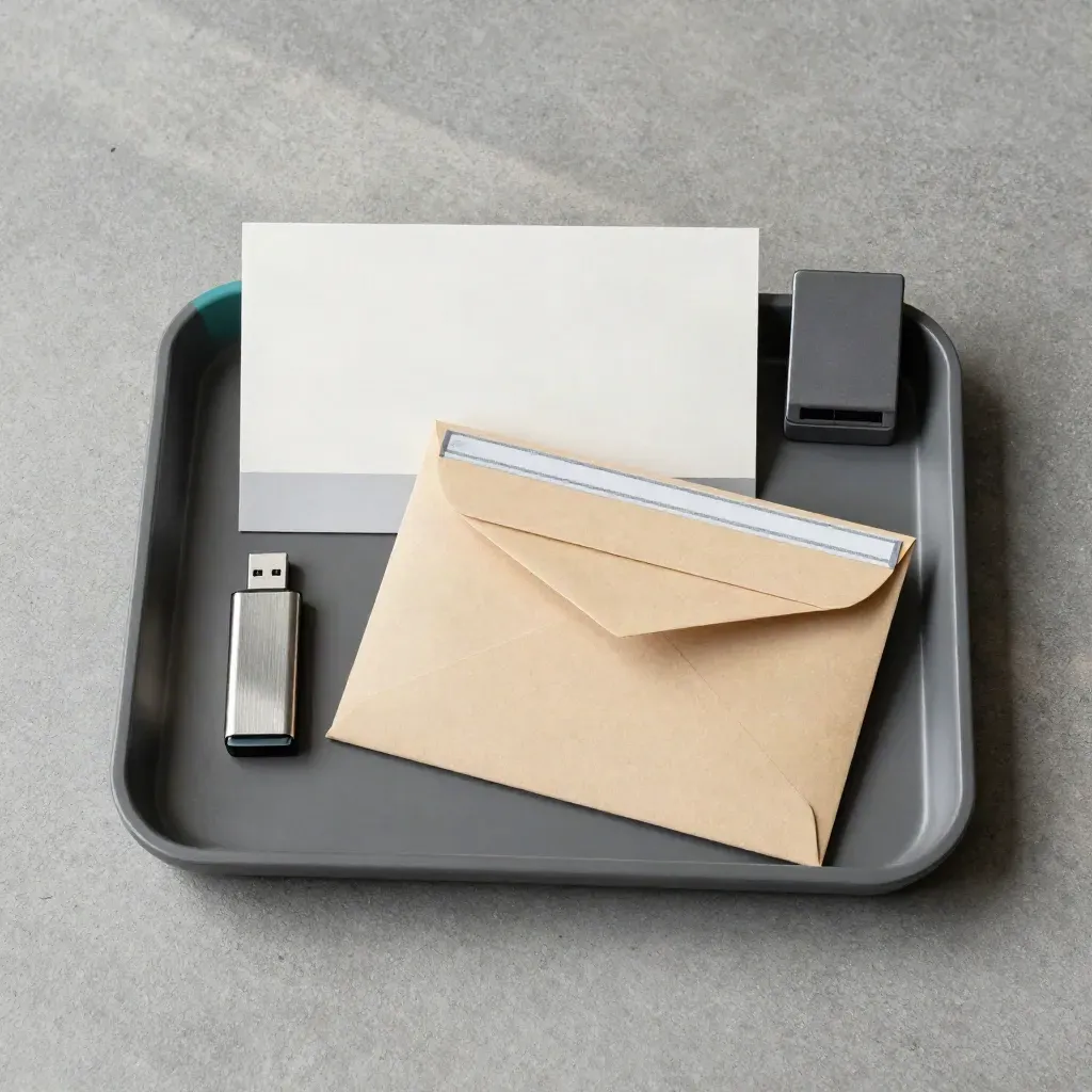 Top-down flatlay of records intake tray with USB, sealed envelope, and scanner cradle on concrete.