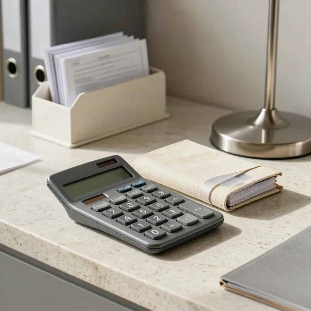 Calculator, binder, index tabs, and lamp base on a stone shelf in soft daylight.